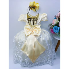 Vestido Infantil Amarelo Renda Branca Realeza e Pérolas Luxo