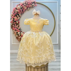 Vestido Infantil Amarelo Renda Branca Realeza e Pérolas Luxo