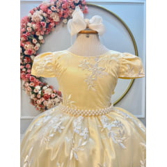 Vestido Infantil Amarelo Renda Branca Realeza e Pérolas Luxo