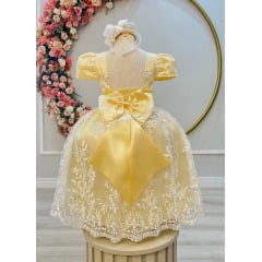 Vestido Infantil Amarelo Renda Branca Realeza e Pérolas Luxo