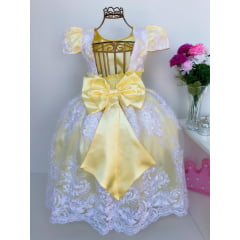 Vestido Infantil Amarelo Renda Branca Realeza Luxo Pérolas