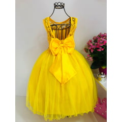 Vestido Infantil Amarelo Renda e Tule com Brilho Damas Luxo