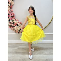 Vestido Infantil Amarelo Renda Metalizada Tule C/ Brilho Damas