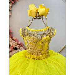 Vestido Infantil Amarelo Renda Metalizada Tule C/ Brilho Damas