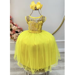 Vestido Infantil Amarelo Renda Metalizada Tule C/ Brilho Damas