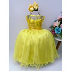 Vestido Infantil Amarelo Renda Metalizada Tule C/ Brilho Damas