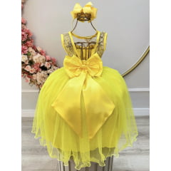 Vestido Infantil Amarelo Renda Metalizada Tule C/ Brilho Damas