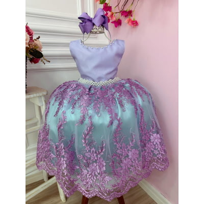 Vestido Infantil Ariel Princesa C/ Renda e Cinto de Pérolas
