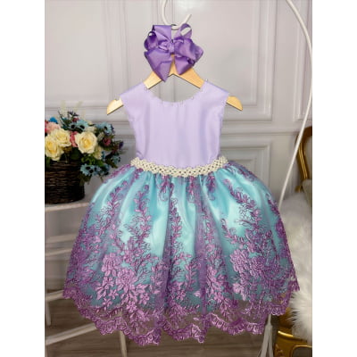 Vestido Infantil Ariel Princesa C/ Renda e Cinto de Pérolas