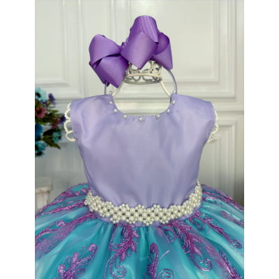 Vestido Infantil Ariel Princesa C/ Renda e Cinto de Pérolas