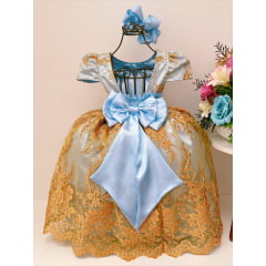 Vestido Infantil Azul Bebê C/ Renda Dourada Realeza Pérolas