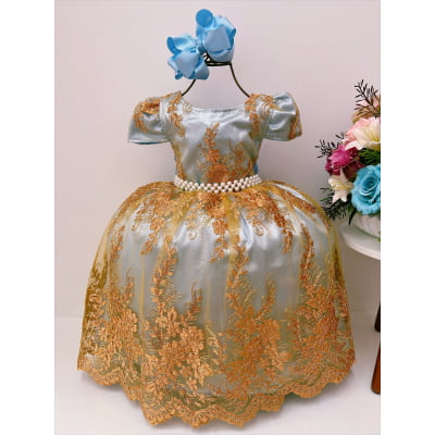 Vestido Infantil Azul Bebê C/ Renda Dourada Realeza Pérolas Vestido Infantil Azul Bebê C/ Renda Dourada Realeza Pérolas