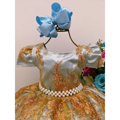 Vestido Infantil Azul Bebê C/ Renda Dourada Realeza Pérolas