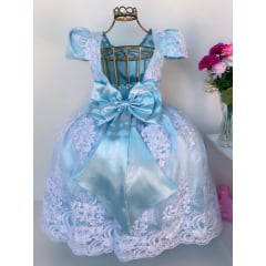 Vestido Infantil Azul Bebê Renda Branca Realeza Luxo Pérolas