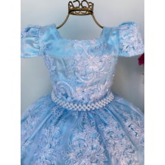 Vestido Infantil Azul Bebê Renda Branca Realeza Luxo Pérolas