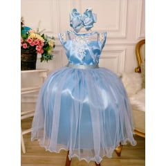 Vestido Infantil Azul Bebê Renda Realeza Tule C/ Glitter