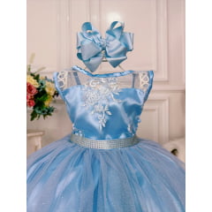 Vestido Infantil Azul Bebê Renda Realeza Tule C/ Glitter