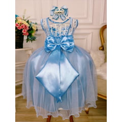 Vestido Infantil Azul Bebê Renda Realeza Tule C/ Glitter