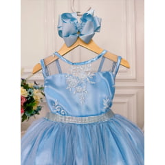 Vestido Infantil Azul Bebê Renda Realeza Tule C/ Glitter