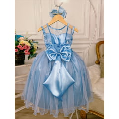 Vestido Infantil Azul Bebê Renda Realeza Tule C/ Glitter