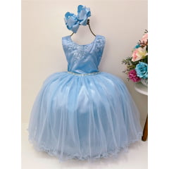 Vestido Infantil Azul C/ Renda Cinto de Pérolas e Strass