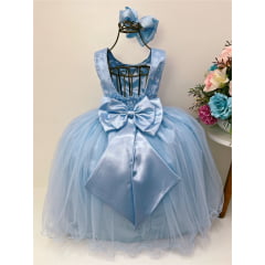Vestido Infantil Azul C/ Renda Cinto de Pérolas e Strass