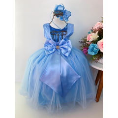 Vestido Infantil Azul Claro Renda Cinto Pérolas e Strass