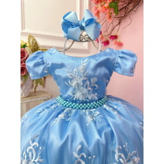 Vestido Infantil Azul Com Renda Realeza Cinto de Pérolas