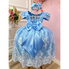 Vestido Infantil Azul Com Renda Realeza Cinto de Pérolas