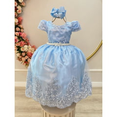 Vestido Infantil Azul Daminha Com Renda Realeza