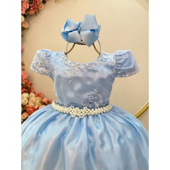 Vestido Infantil Azul Daminha Com Renda Realeza