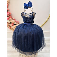 Vestido Infantil Azul Escuro C/ Renda Realeza e Tule Glitter