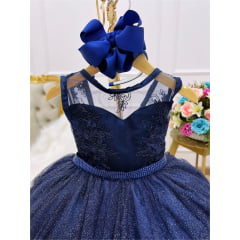 Vestido Infantil Azul Escuro Renda Saia Brilho Cinto Strass'