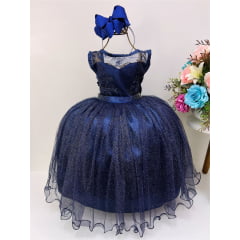 Vestido Infantil Azul Escuro Renda Saia Brilho Cinto Strass'