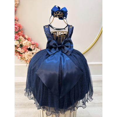 Vestido Infantil Azul Marinho C/ Renda Realeza e Tule Glitter