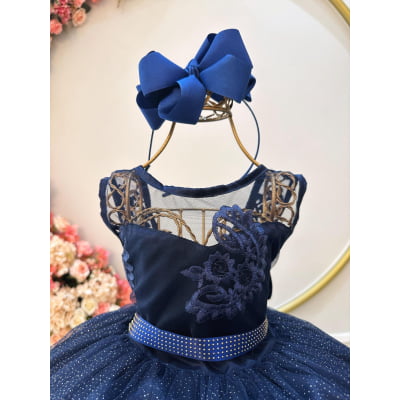 Vestido Infantil Azul Marinho C/ Renda Realeza e Tule Glitter