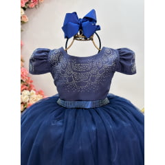 Vestido Infantil Azul Marinho Damas C/ Strass Luxo
