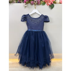 Vestido Infantil Azul Marinho Damas C/ Strass Luxo
