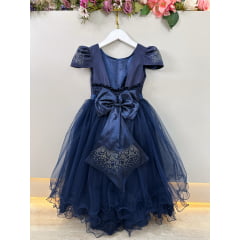 Vestido Infantil Azul Marinho Damas C/ Strass Luxo