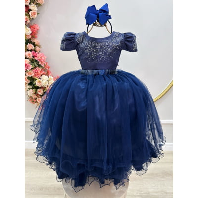 Vestido Infantil Azul Marinho Damas C/ Strass Luxo