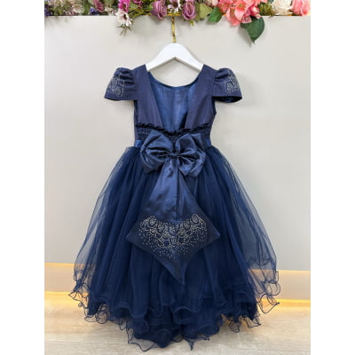 Vestido Infantil Azul Marinho Damas C/ Strass Luxo