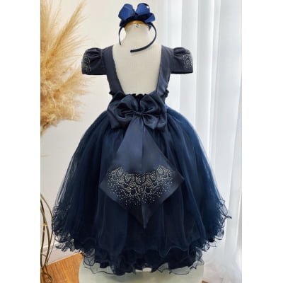 Vestido Infantil Azul Marinho Damas C/ Strass Luxo