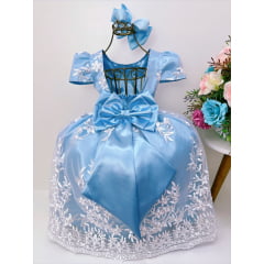 Vestido Infantil Azul Renda Branca Realeza e Pérolas Luxo