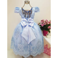 Vestido Infantil Azul Renda Realeza Princesa Cinto Pérolas