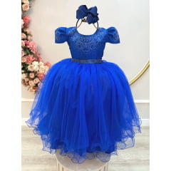 Vestido Infantil Azul Royal Damas C/ Strass Luxo