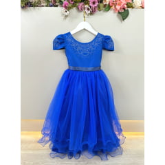 Vestido Infantil Azul Royal Damas C/ Strass Luxo