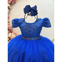 Vestido Infantil Azul Royal Damas C/ Strass Luxo