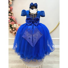 Vestido Infantil Azul Royal Damas C/ Strass Luxo