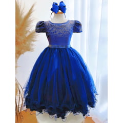 Vestido Infantil Azul Royal Damas C/ Strass Luxo