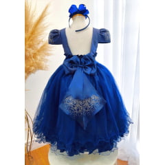 Vestido Infantil Azul Royal Damas C/ Strass Luxo